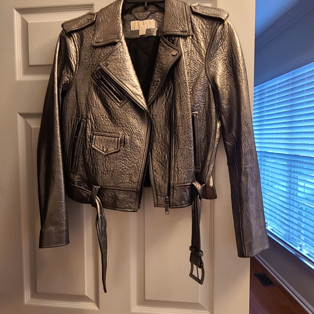 Michael Kors metallic gunmetal leather jacket.  Size Large